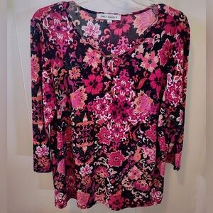 Pink, Red & Black Floral Stretch Top w/ Sequins